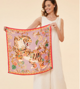 Square 100% Silk Prancing Tiger Scarf - Lilac