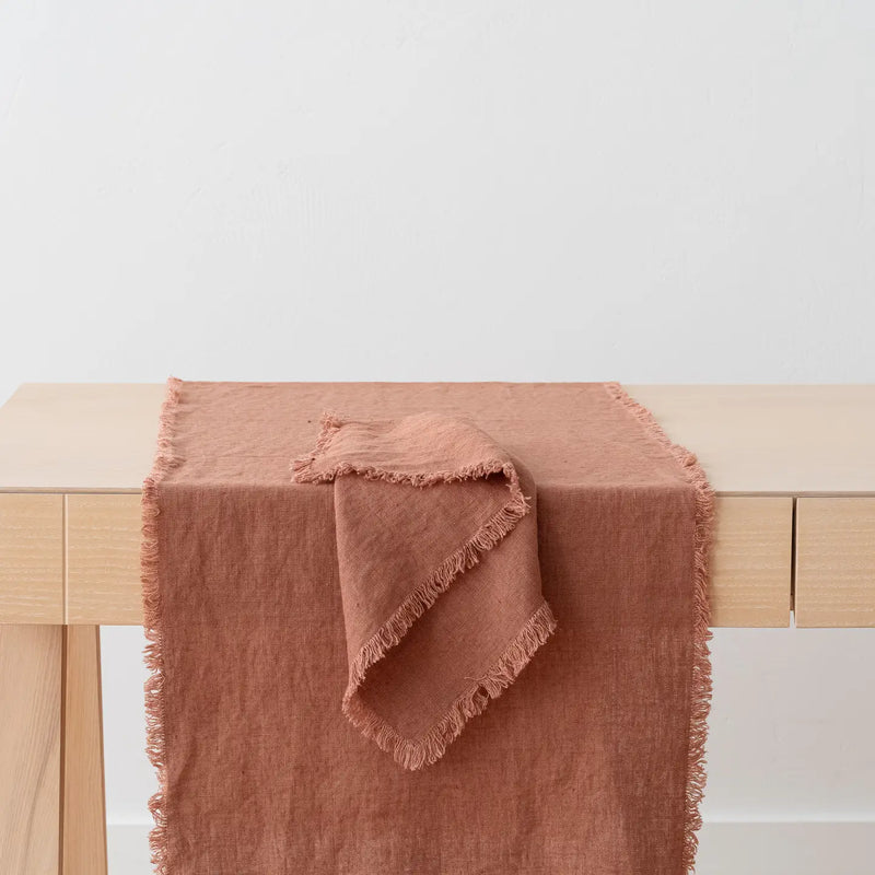 Linen Table Runner Mocha Terra Fringe