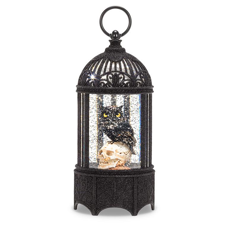 Blk Owl in Cage Glitter LED Lantern-10"H