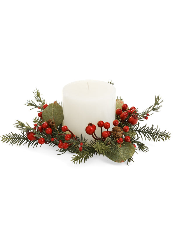CANDLE RING TWIGS/LEAVES/BERRIES BRWN/RD/GRN