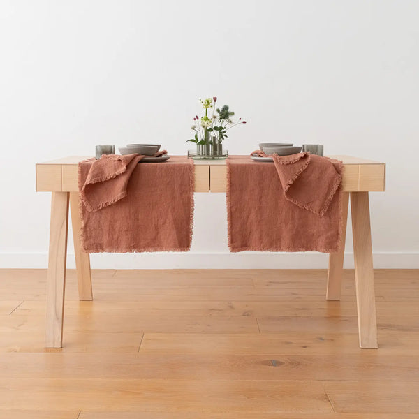 Linen Table Runner Mocha Terra Fringe