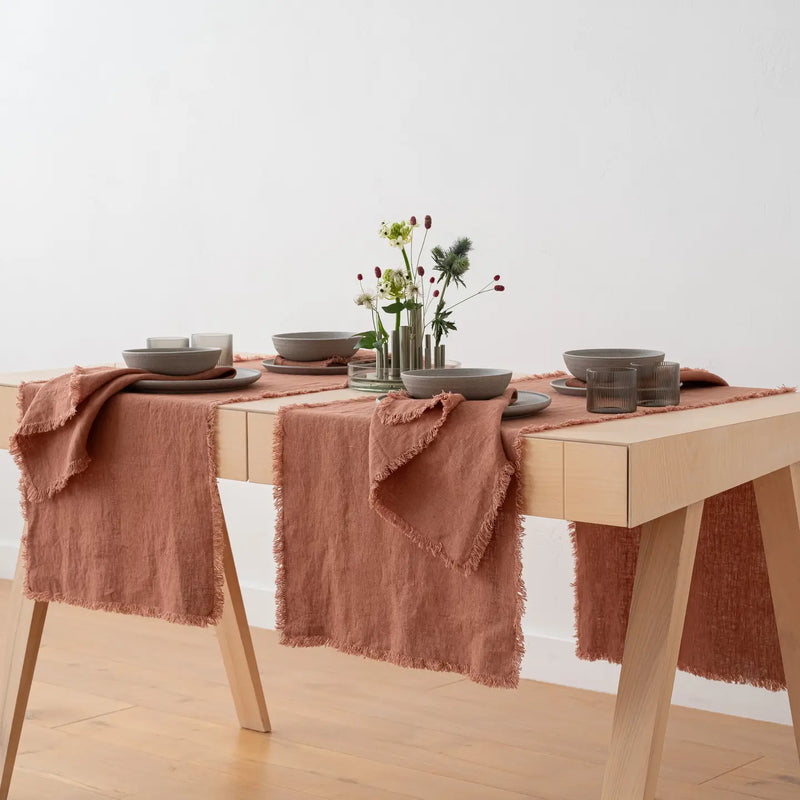 Linen Table Runner Mocha Terra Fringe