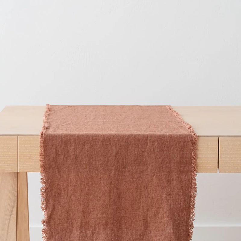 Linen Table Runner Mocha Terra Fringe