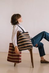 Striped Tote Bag in Recycled Beige and Gray Fibers