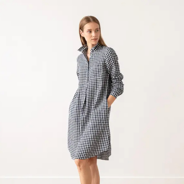Linen Dress Navy White Check Camilla
