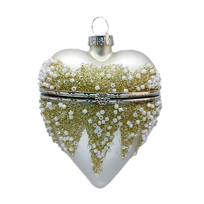 ORN GLASS HEART BOX 4" CHAMPAGNE SHINY W/ GLITTER