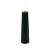 CANDLE DK. GREEN 2.5"X8.5"LED WARM WHT. FLICKERING, CONCAVE TOP MELTING EFFECT CONE SHAPE STRIPE FINISH B/O 2AA W/TIMER