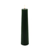 CANDLE DK. GREEN 2.5"X10"LED WARM WHT. FLICKERING, CONCAVE TOP MELTING EFFECT CONE SHAPE STRIPE FINISH B/O 2AA W/TIMER