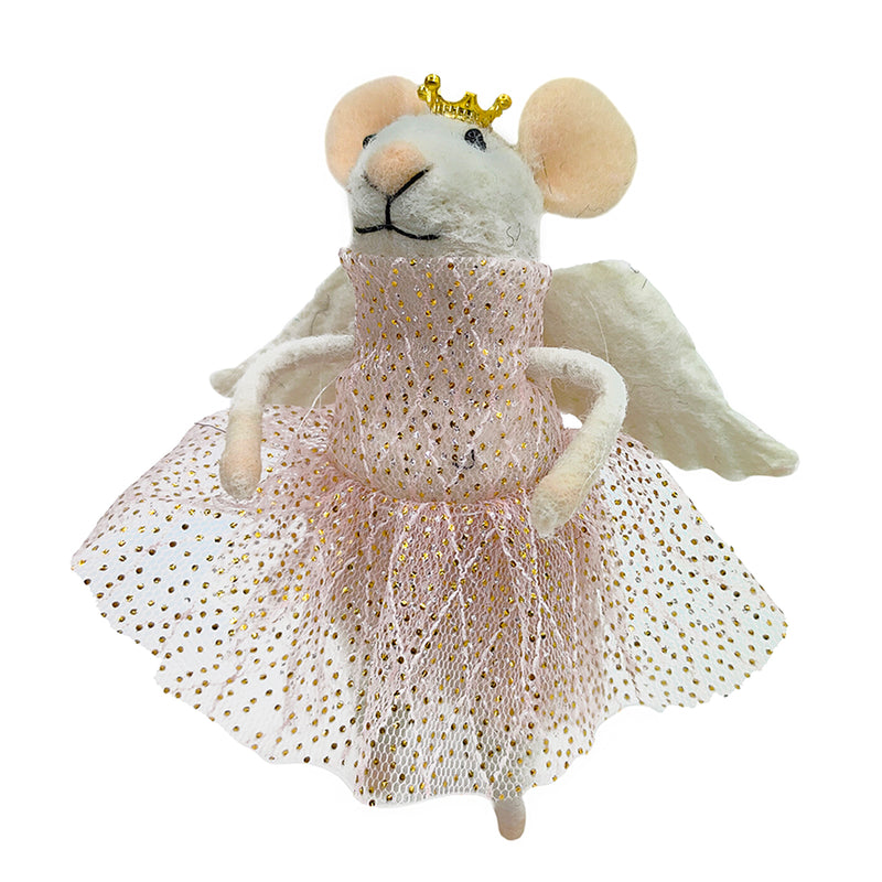 ORN WOOL MOUSE ANGEL W/ SKIRT & CROWN 4.5" PINK/GOLD