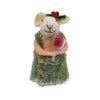 ORN WOOL MOUSE PINK/GREEN 4" IN A FUR DRESS HOLDING A WINE GLASS