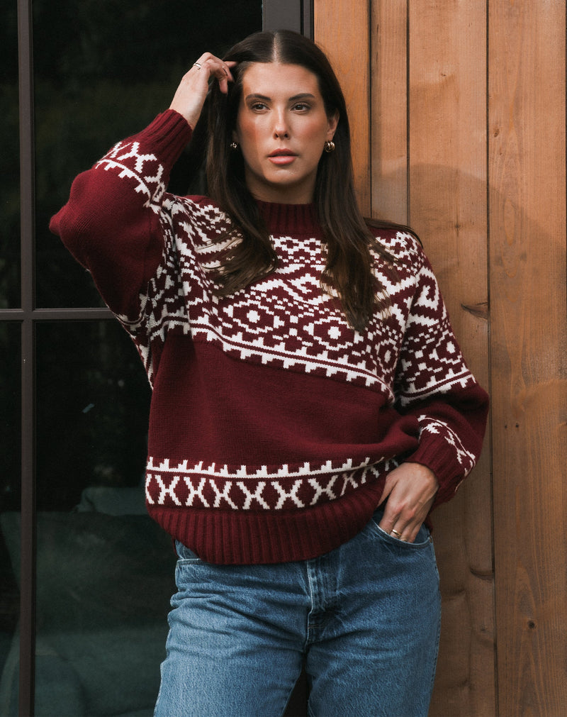 Fair Isle Knit Sweater Color Burgundy