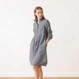 Linen Dress Navy White Check Camilla
