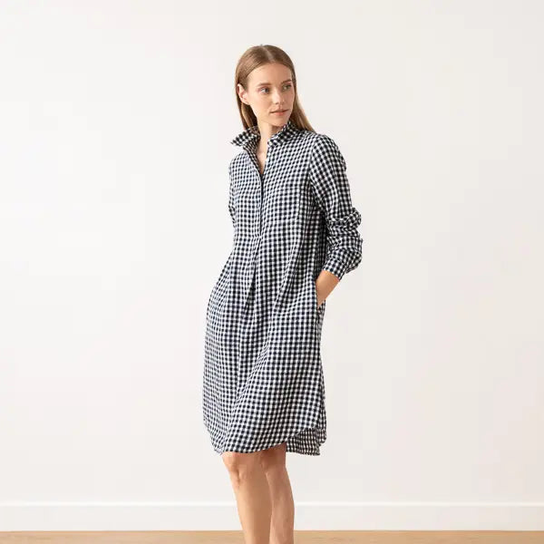 Linen Dress Navy White Check Camilla
